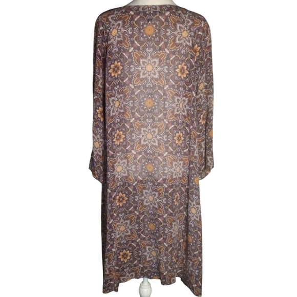 Ryllace Floral Silk Tunic Dress Split V Neck 3/4 Sleeve Red Tan Size 16 - Picture 6 of 9